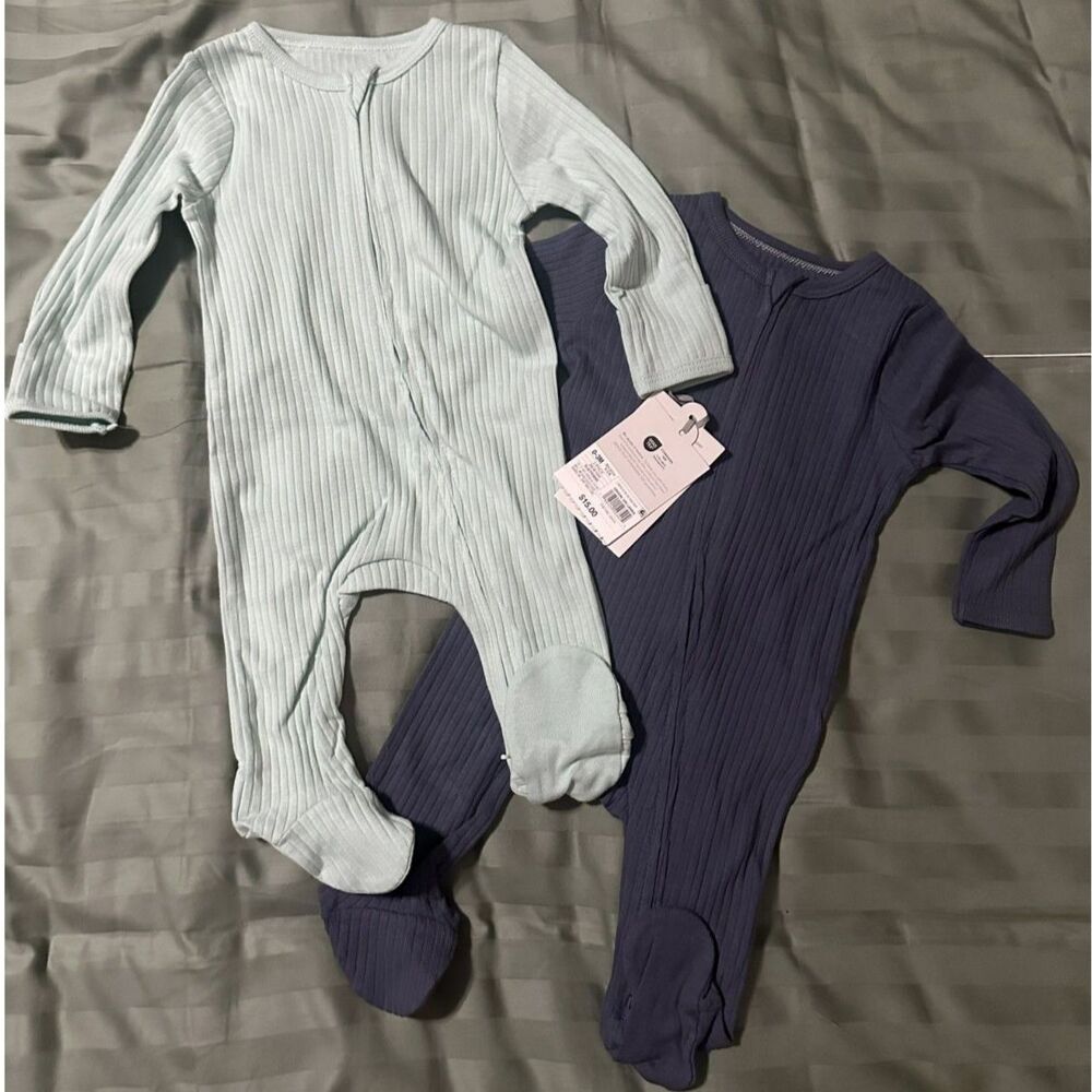 Baby 0-3M 2-Pack Footed Sleepers Blue Green Long Sleeve One-Piece NWT